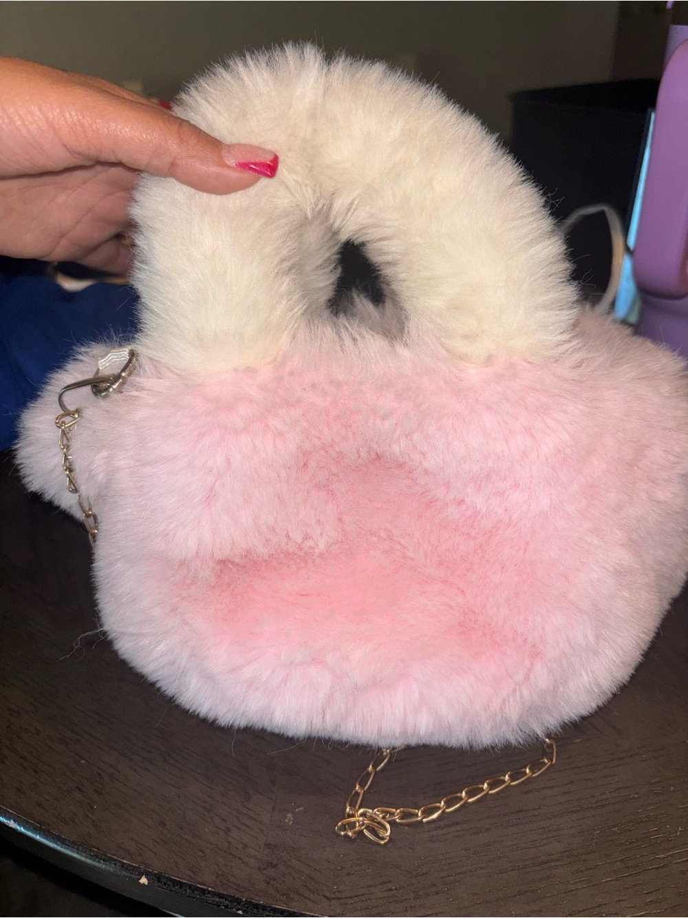 Plush Pink Faux Fur Handbag with Cream Handle